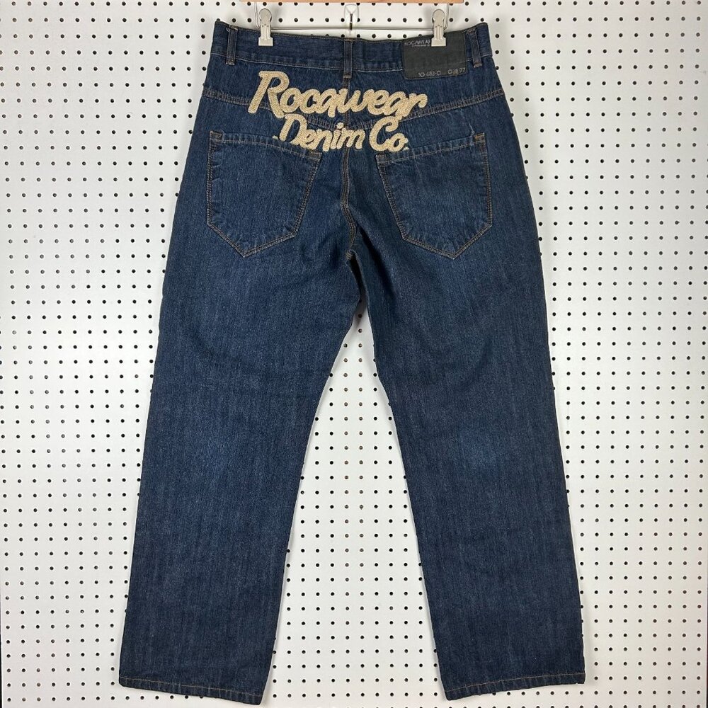 Rocawear Stitched Logo Y2K Baggy Jeans 36x32 Streetwear Skate GOLD Embroidered
